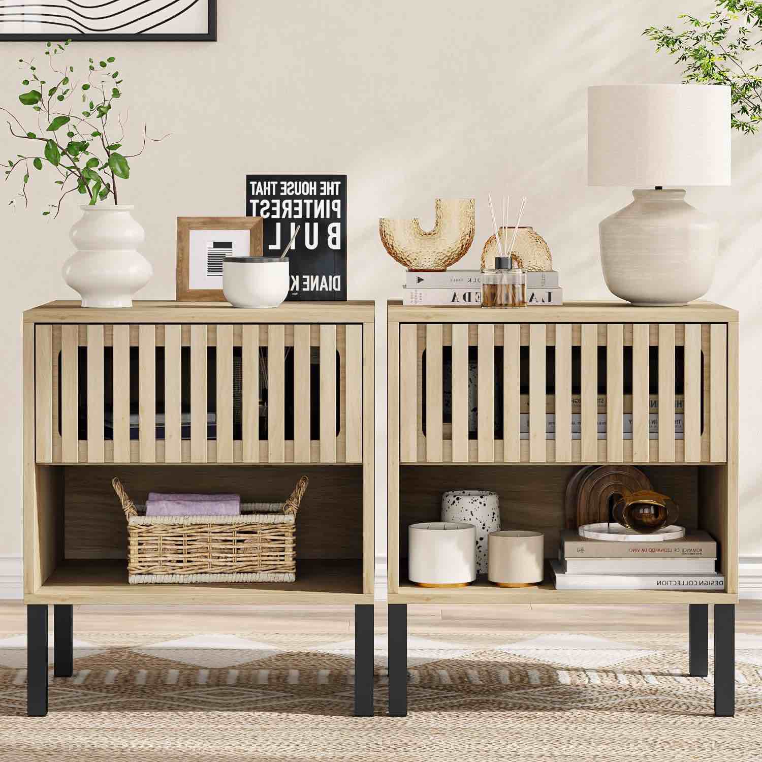 Night Stand Set 2, Bedside Table with Vertical Grid Drawer And Open Storage, Modern Nightstands
