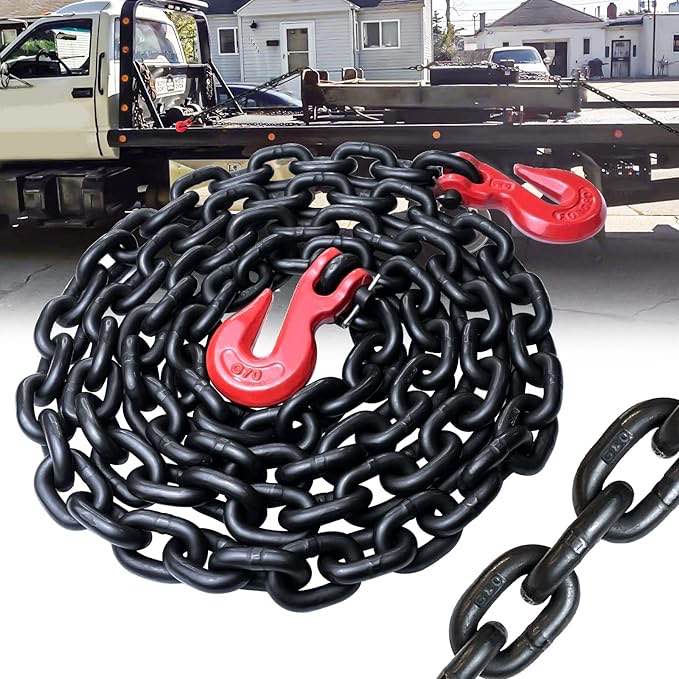 TOYO-INTL G80 Binder/Safety Chain 3/8 Inch x 10 Foot Transport Binder Chain with Clevis Grab Hooks 7,100 lbs Safe Working Load Logging Chain for Transporting Towing Tie Down Binding Equipment