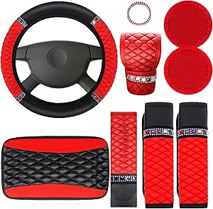 Bling Car Accessories Set Leather Diamond Steering Wheel Cover Bling Seat Belt Shoulder Pad Armrest Pad Crystal Car Decor Bling Car Cup Holders Travel Auto Cup Holder for Car Interior (Black, Red)