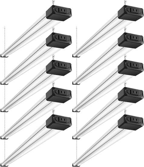 10 Pack Linkable LED Shop Light with Reflector, Super Bright 6500K Cool Daylight, 4400 LM, 4 FT, Integrated Fixture for Garage, 40W Equivalent 250W, Surface & Suspension Mount, Black