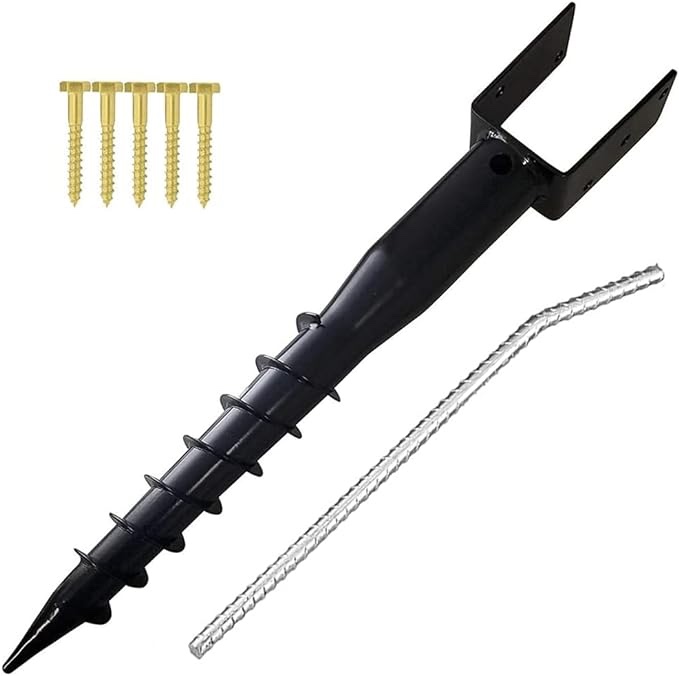 Furnishh No Dig Ground Anchor 4"x4" Post Holder U Model Screw in Post Stake for Mailbox Posts and Fence Posts, 27" Long Post Anchor Spike, Black