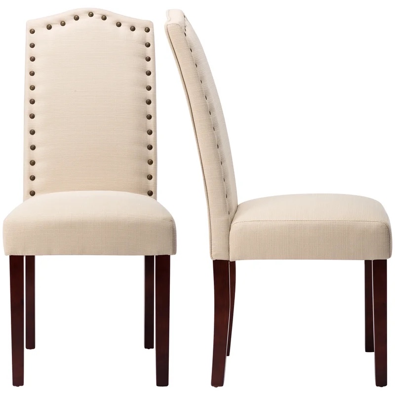Snugway Dining Chair Beige Upholstered Parson Chair with Nailhead Trim, Set of 2