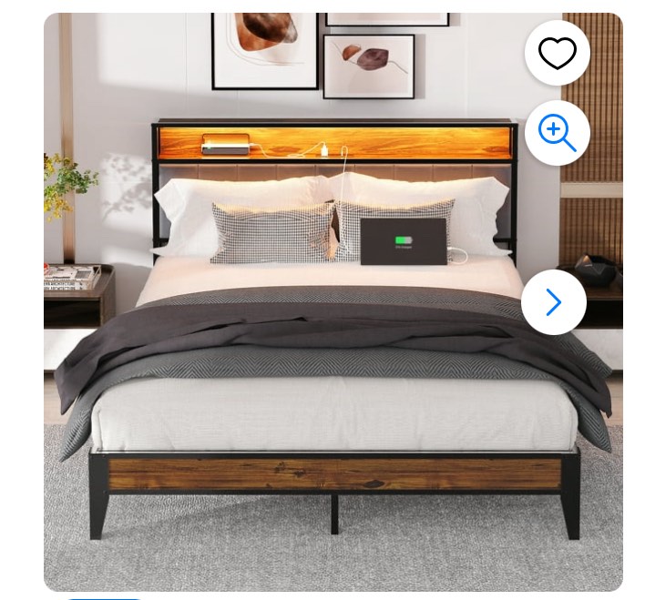 Gounni Queen Bed Frame with LED Lights Charging Station Outlets USB Ports, Platform Bed with Upholstered Storage Headboard