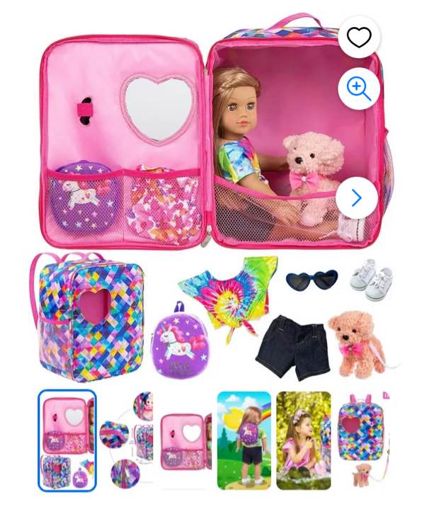 ZITA ELEMENT 7 Items American 18 Inch Doll Bag Doll Case Set and Doll Accessories Including 18 Inch Doll Clothes, Shoes, Sunglasses, Doll Backpack and Toy Dog