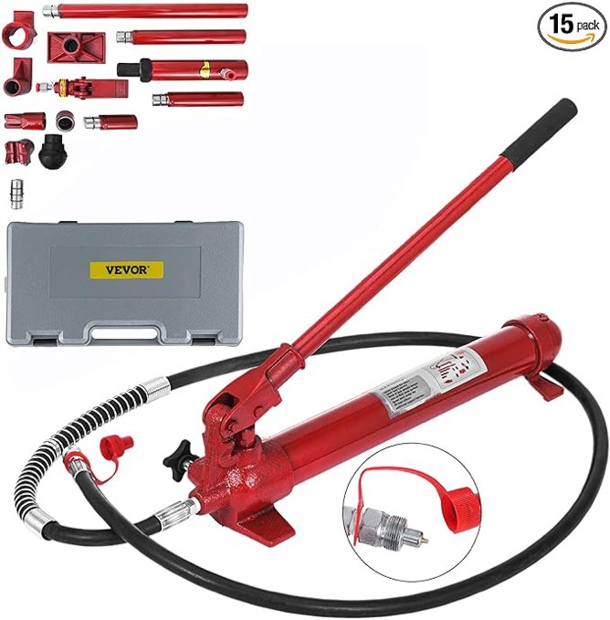 Vevor 10 Ton Porta Power Kit 1.4M (55.1 inch) Oil Hose Hydraulic Car Jack Ram Autobody Frame Repair Power Tools for Loadhandler Truck Bed Unloader Farm and Hydraulic Equipment Construction, Red