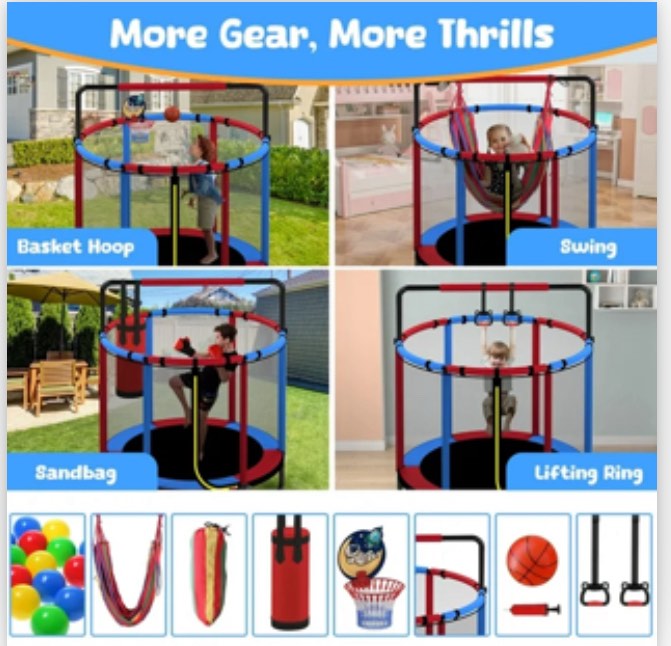 Mini Round Trampoline for Kids with Basketball Hoop, SEGMART 55'' Indoor Outdoor Toddler Trampoline with Enclosure Net, Swing, Sandbag, Ring, Ocean Balls, Small Trampoline Gift for Boys Girls, Blue