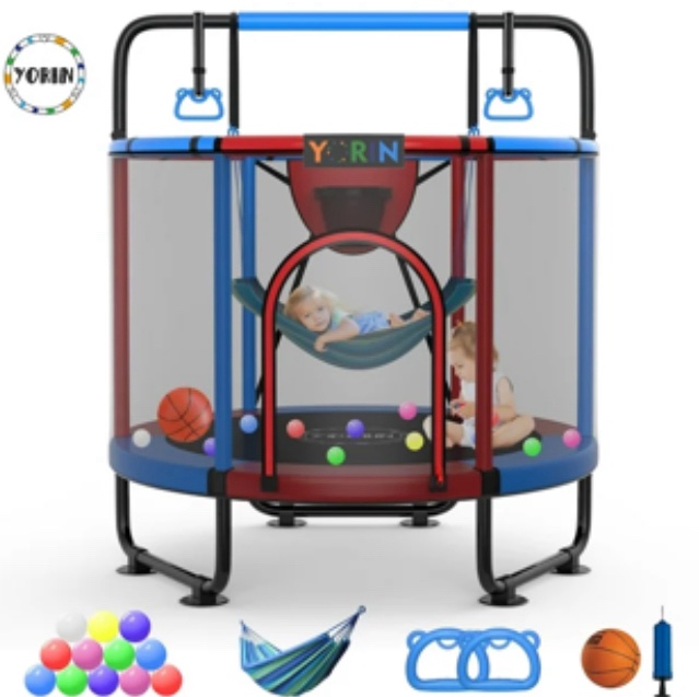 YORIN Trampoline for Kids, 60'' Toddler Mini Trampoline with Enclosure Net, Basketball Hoop, 5FT Indoor/Outdoor Kids Trampoline with Swing, Adjustable Gymnastics Bars, Gifts for Boys & Girls, 600LBS
