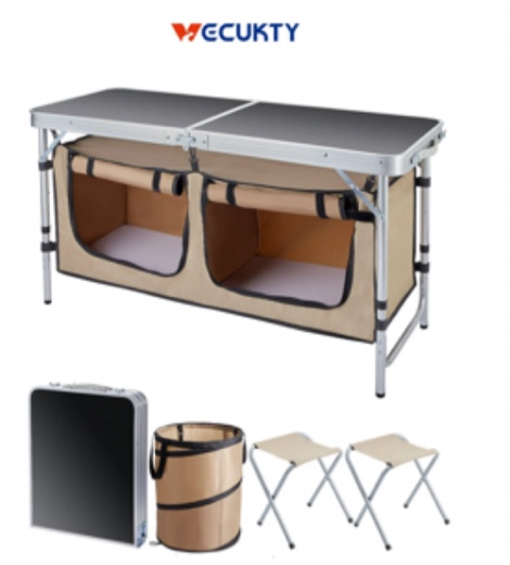 Folding Camping Table Set, VECUKTY Camping Kitchen Station, Aluminum Portable Folding Table Camp Cook Table with Storage Organizer and 2 Adjustable Feet,1 Folding Trash Can, Gray