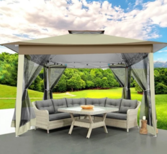 COBIZI 12x12 Outdoor Gazebo Pop Up Gazebo Canopy with Mosquito Netting Patio Tent Backyard Canopy with 2-Tiered Vented Top 3 Adjustable Height, Beige