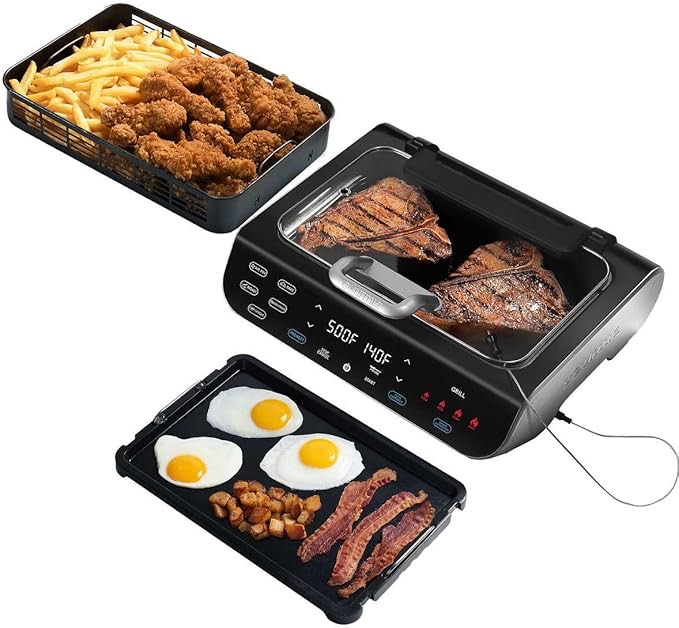 FoodStation Smokeless Grill, Griddle & Air Fryer with with Smoke Extracting Technology, 6 One-Touch Cooking Functions, Extra-Large Nonstick Cooking Surface, and Integrated Temperature Probe