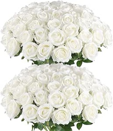 Hananona Artificial Roses in Bulk, Fake Silk Roses Realistic Roses for Wedding Centerpieces Flower Arrangement Home Decor (50, White)