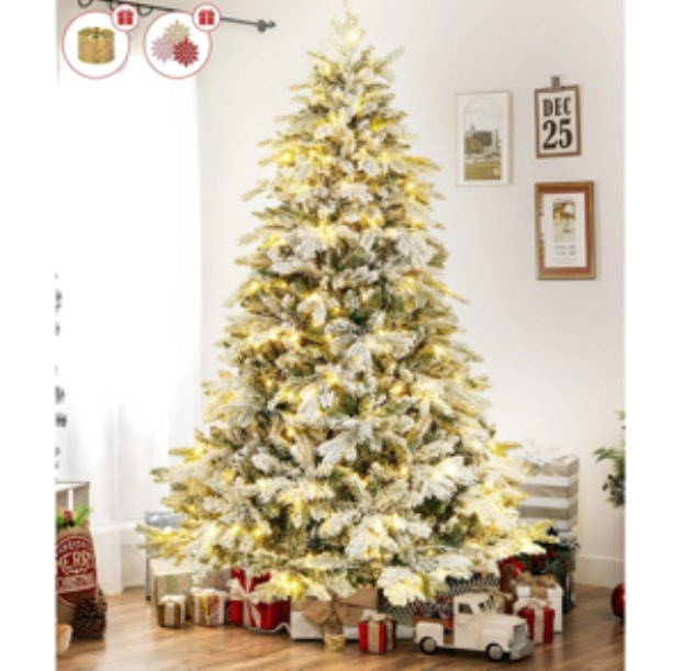 Vrilay 6ft Pre-Lit Snow Flocked Artificial Christmas Tree w/ 1000 Tips 300 Lights, Gold Ribbon & Snowflake Christmas Decorations