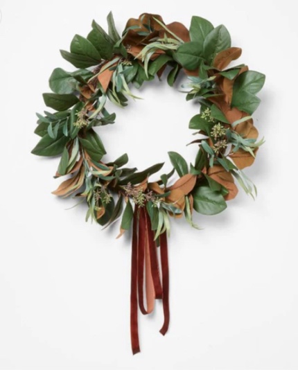 Magnolia and Olive Artificial Wreath with Ribbon Brown - : Indoor Decor, Unlit, Polyester - Threshold™ designed with Studio McGee