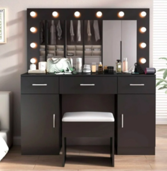 Ktaxon Large Makeup Vanity with 3 Drawers, Vanity Desk with 3 Color Light, Vanity Table Set w/ Visible Glass Top and USB Charging Station, for Girls and Women, Black