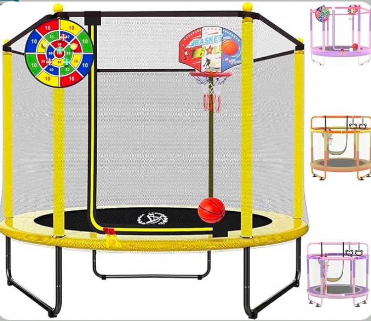 LANGXUN 60" Trampoline for Kids, 5ft Mini Toddler Indoor & Outdoor Trampoline with Net, Basketball Hoop & Dart Board, Birthday Gifts for Boys & Girls, Baby Toddler Christmas Toys