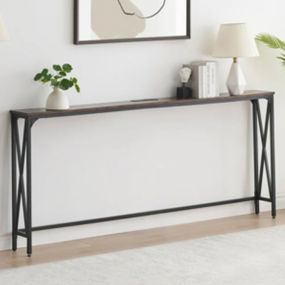 70" Console Table Entryway Sofa Table with Power Outlets,Rustic Brown