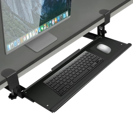 Doulami Keyboard Tray Under Desk 27.56 X 9.84 Clamp-on Keyboard Tray Slide-Out Computer Drawer for Keyboard and Mouse Punch Free Desktop Table Tray