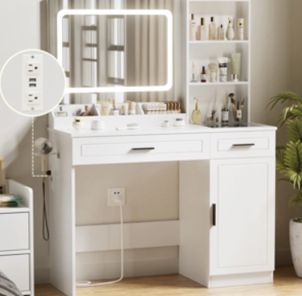 Hommpa Vanity Desk, Makeup Vanity with LED Lighted Mirror Vanity with Glass Top Drawers Vanity Table with Charging Station for Girls Bedroom Large Storage Cabinet Shelves, White