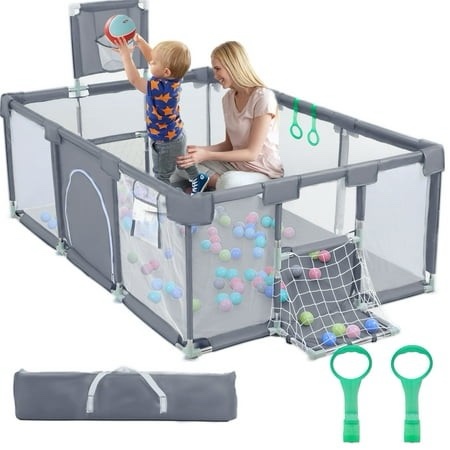 TEAYINGDE Baby Playpen 71 Inch Extra Large Baby Playard with Basketball Hoop and Breathable Mesh Children Kids Play Fence for Indoors Outdoors Gray