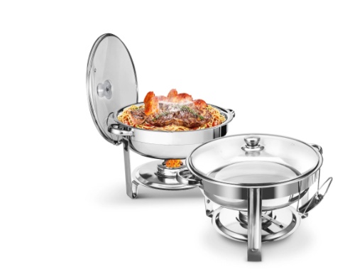 WARMOUNTS Chafing Dish Buffet Set, 2 Pack 5-Quart Round Buffet Chafe Warmer Set, 410 Stainless Steel Chafing Dish Buffet Food Warmer with Glass Lid & Holder