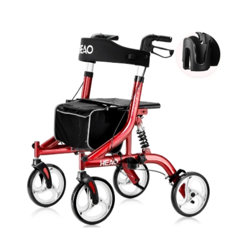 HEAO Rollator Walker with Seat for Seniors,4 x 10" Wheels Walker with Shock Absorber Lightweight Mobility Walking Aid with Handle to Stand up,Red