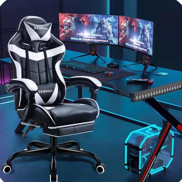 Gaming Chair, Seenda Video Game Chair with Footrest and Lumbar Support, Ergonomic Computer Chair Height Adjustable with Swivel Seat and Headrest, White