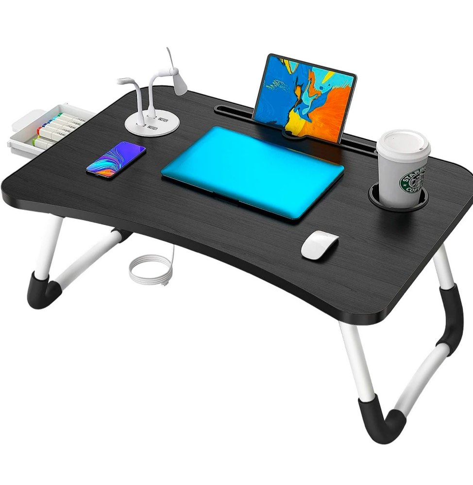 Foldable Lap Desk for Bed, HONEIER Bed Tray Table with 4 USB Ports, Holder Slots, Cup Holder, Drawer, Laptop Desk Table with Mini Lamp, Fan, Wood Portable Table Stand for Laptop Tablet, Black