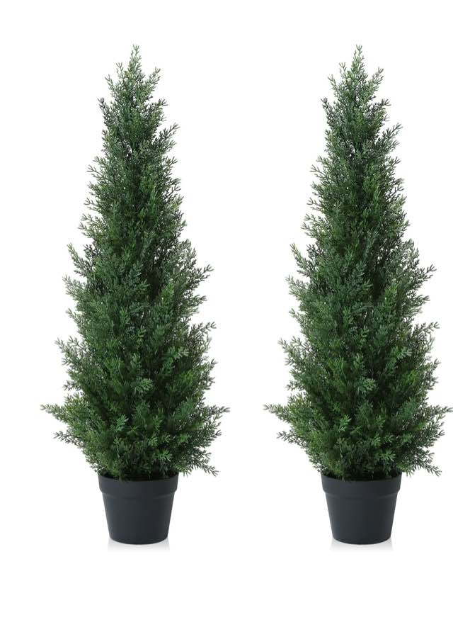 Artificial Cedar Tree 2 Pack 3 ft Outdoor Artificial Topiary Cedar Plants Fake Tree UV Rated Potted Plants for Porch Decor Faux Pine Tree for Perfect Housewarming Gift