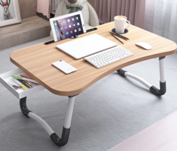PHANCIR Foldable Lap Desk  23.6 Inch Portable Wood Laptop Desk Table Workspace Organizer Bed Sofa Tray with Slots/Cup Holder/Drawer  Anti-Slip for Reading Writing Eating Watching  Walnut