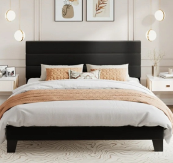 Amolife Platform King Size Bed Frame with Velvet Upholstered Headboard, No Box Spring Needed, Strong Wooden Slats, Black