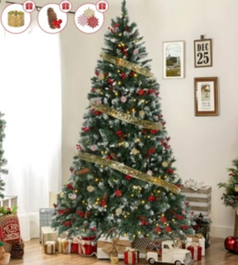 Firstness 7.5ft Pre-Lit Artificial Christmas Tree w/ 1800 Branch Tips 600 LED Lights, 90 Pine Cones + Artificial Berries, Gold Ribbon & Snowflake Christmas Decorations, Metal Base
