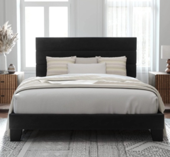 Allewie Queen Size Platform Bed Frame with Velvet Headboard/Fully Upholstered Mattress Foundation, No Box Spring Needed, Black