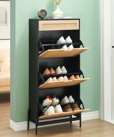 GARVEE Natural Rattan 3 Flip Door with 1 Drawer Shoe Cabinet Organizer Freestanding, Shoe Rack Storage Cabinet for Entryway with 3-Tier Adjustable Shelves 
