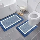 Findosom 2pcs Bathroom Rug Set with U-Shaped Toilet Mat,Non-Slip Plush Shaggy Bath Mats Absorbent Microfiber Bath Rugs Machine Washable Shower Rugs,20"x32"+U 20"x24" Blue