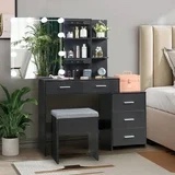 Ktaxon Lighted Makeup Vanity Table Set, Dressing Table with Sliding Mirror, Vanity Desk , Black