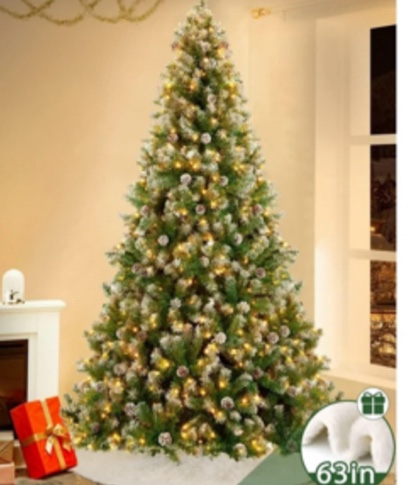 Yexmas 9ft Pre-Lit Realistic Artificial Christmas Trees,Green Christmas Trees with 2100 Flocked Frosted Tips & 100 Pine Cones,LED Lights Christmas Trees with 63 Inch Christmas Tree Skirt White