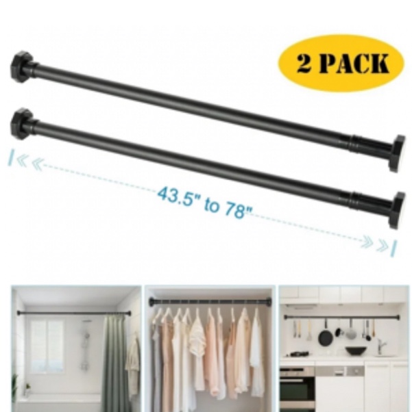 43.5"-78" Adjustable Tension Rod, Rust-Proof Hanging No Drilling Cabinet Wardrobe Closet Window Shower Curtain Rod, Black (2 Pack)