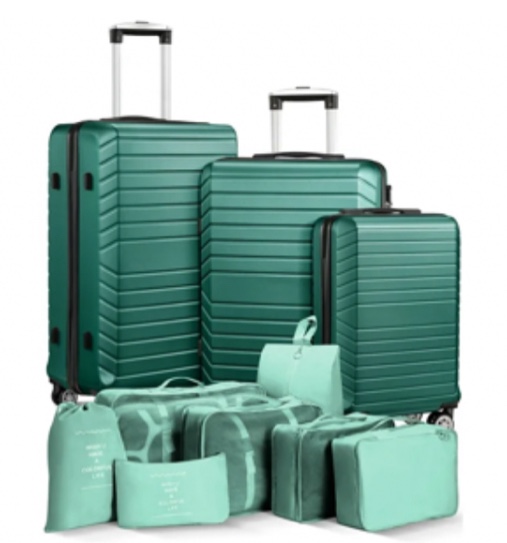 3 Piece Luggage Sets 20/24/28 inch Travel Suitcase Set with 7PCS Organizer Bags, Green