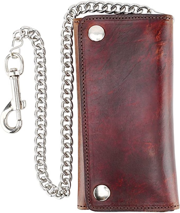 RFID Blocking Men's Tri-fold Vintage Long Style cow Leather With Chain card holder Wallet,USA