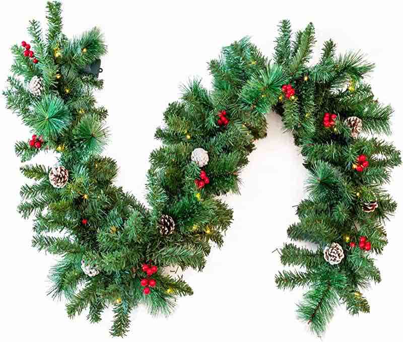 Christmas garland,6.8ft 50 clear light with pine cone berry pre-lit garland,artificial bushy rattan Xmas garlands bendable,garland decoration indoor/outdoor/stairs/fireplace