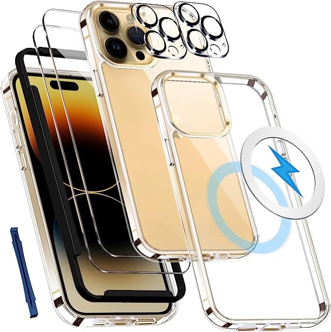 Jeywiry [7 in 1 for iPhone 14 Pro Case, with 2 Pcs Screen Protector ? 2 Pcs Camera Lens Protector, Slim Thin Shockproof Phone Case 6.1" [Military Grade Drop Protection] [Not Yellowing] -Crystal Clear