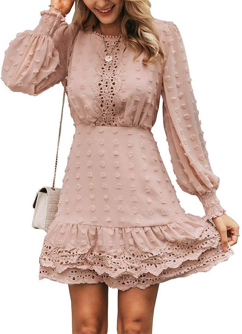 Miessial Women's Summer V Neck Chiffon Ruffle Mini Dress Elegant Tie Waist Short 6-8, in pink, L
