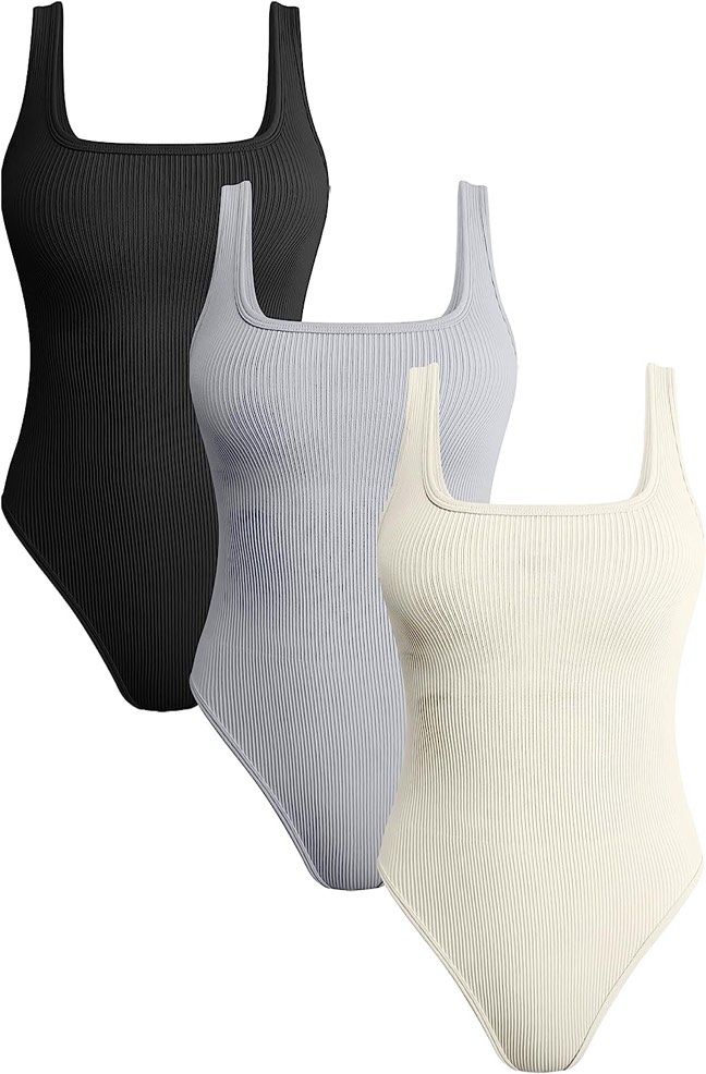 OQQ - Body de 3 piezas para mujer, cuello cuadrado, acanalado, sin mangas, sin mangas