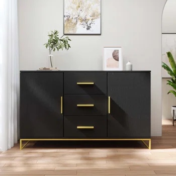 Black Storage Accent Cabinets With 3 Drawers and 2-Cabinets, Metal Legs Cupboard Floor-Standing Sideboard