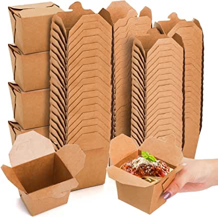 100 Pack] 28 oz Chinese Take Out Boxes - Plain Kraft Paperboard Food Containers, Leak and Grease Resistant Asian Rectangle To Go Boxes, Candy Buffet Box and Party Favors