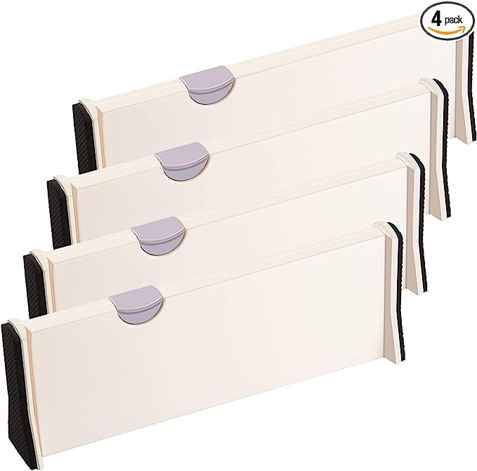 4 Pack Drawer Dividers Organizer, Adjustable Separators 4" High Expandable from 11-17" for Bedroom, Bathroom, Closet,Clothing, Office, Kitchen Storage, Strong Secure Hold, Foam Ends, Locks in Place
