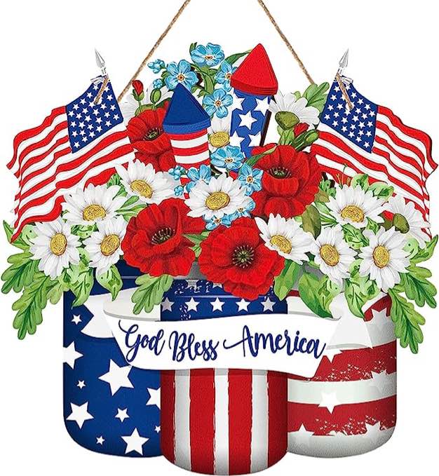 4th of July Decoration Wooden Mason Jar God Bless America Door Sign Patriotic Wall Decor Red White Blue Wreath American Flag Hanging Sign Independence Day Decor for Door Porch Wall Memorial Day Home