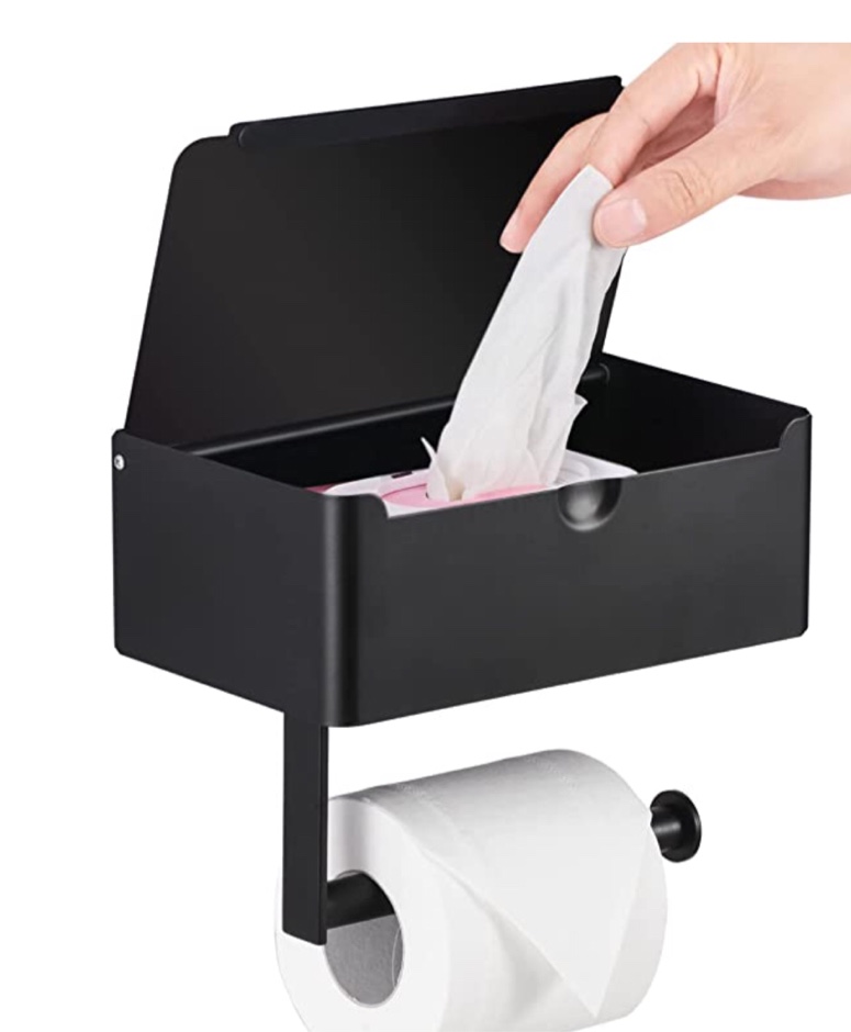 LAYUKI Large Toilet Paper Holder with Shelf, Wipes Dispenser and Storage, Stainless Steel, Wall Mounted, Matt Black, Upgraded Toilet Paper and Flushable Wipes Storage for Bathroom