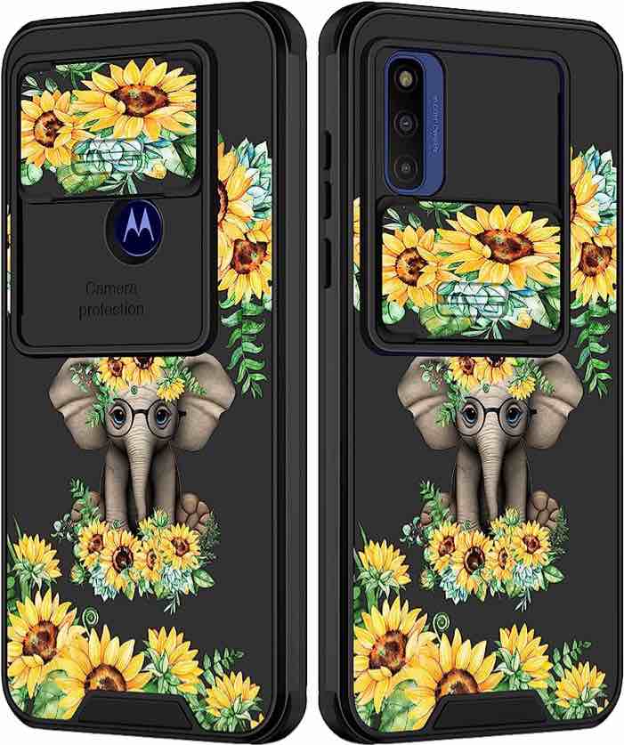Goocrux for Moto G Pure Phone Case Sunflower Elephant for Women Girls Floral Flowers Girly Cover Cute Pretty Animal Design with Slide Camera Cover Aesthetic Cases for Motorola Moto G Pure 6.5 inch