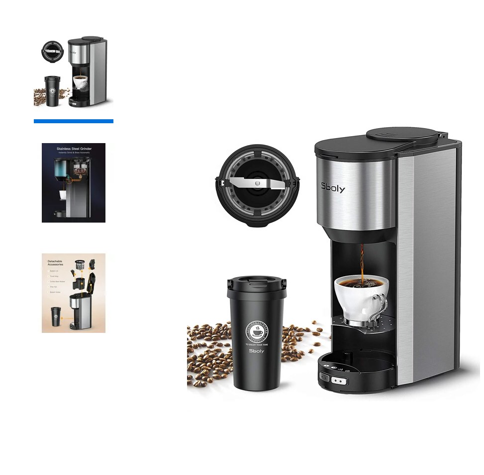 Coffee Maker with Grinder, Sboly Coffee Machine Grind and Brew 2 In 1, Automatic Single Serve Coffee Maker with Grinder Built-In and 16oz Travel Mug, Strength Setting, Stainless Steel
